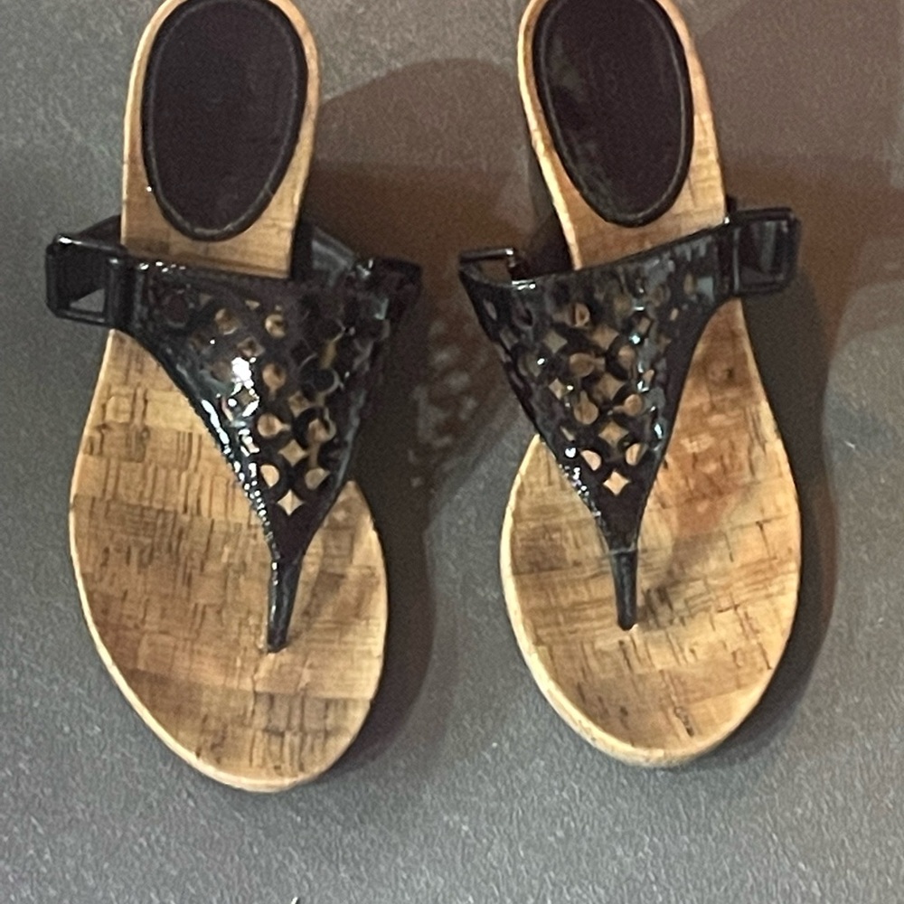 Coach Black Patent Leather Thong Wedge Sandals with Cork-Style Footbed